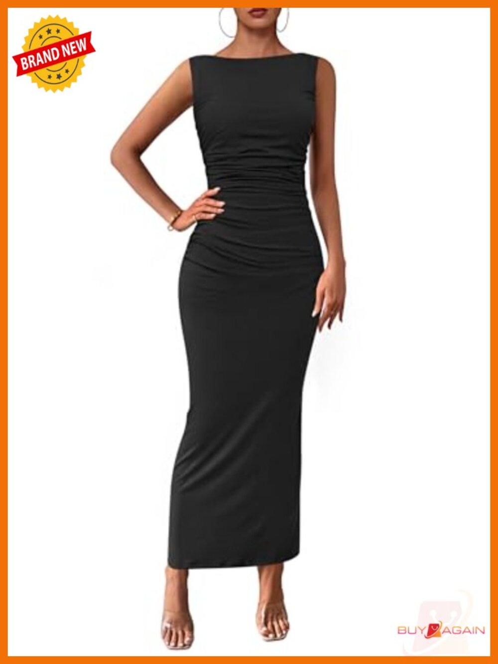 PRETTYGARDEN Women's Bodycon Midi Dress Ruched Sleeveless Wedding Guest